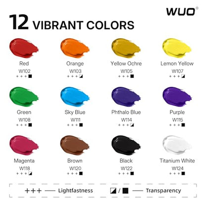 WUO 12 Colors Acrylic Paint Set, 250ml/8.45oz Bottles Artists Acrylic Paint | Large Bulk Rich Pigment Non-Toxic Waterproof Multi-Surface Painting Supplies for Beginners on Canvas Wood Rock Ceramic Crafts - color: 12 Colors