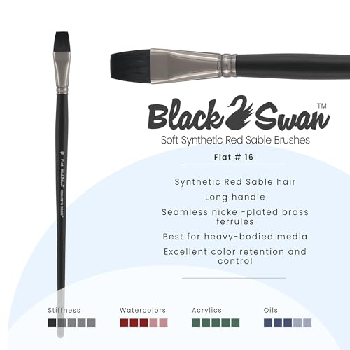 Black Swan Synthetic Red Sable Flat Paint Brushes - Flat Size # 16 - Professional Quality Long Handle Paint Brushes for Oil, Heavy Body Media and Acrylic - Artists of All Levels - size: Size 16