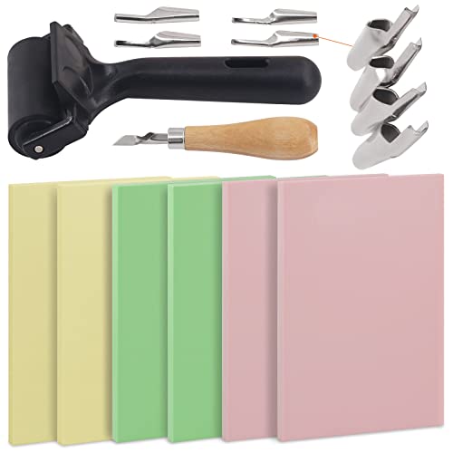 13Pcs Rubber Stamp Making Kit with Stamp Block, Rubber Brayer Roller,Rubber and Wood Carving Cutting Tool, Block Printing Starter Tool Kit for Inking Blocks Carving and Printmaking