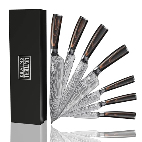 Yatoshi 7 Knife Set - Pro Kitchen Knife Set Ultra Sharp High Carbon Stainless Steel with Ergonomic Handle - color: Brown, size: 7-Piece