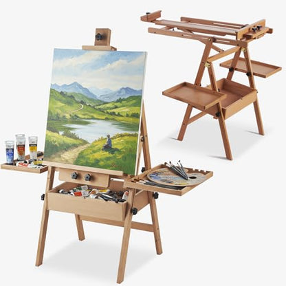 Beech Wood H-Frame Easel for Painting with Tray & Drawer, Natural | Heavy-duty Floor Adjustable Height & Angle Studio Art Easel Stand, Holds 30"-50" Canvas, Foldable Painting Easel for Adults - color: Natural