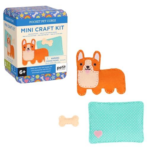 Petit Collage: Mini Craft Kit: Pocket Pet Corgi Dog - Portable Felt Sewing Kit with Precut Pieces, Thread, Stuffing, Child‑Safe Needle & Tin – Screen‑Free Fine Motor Toy for Ages 6+ - color: Corgi