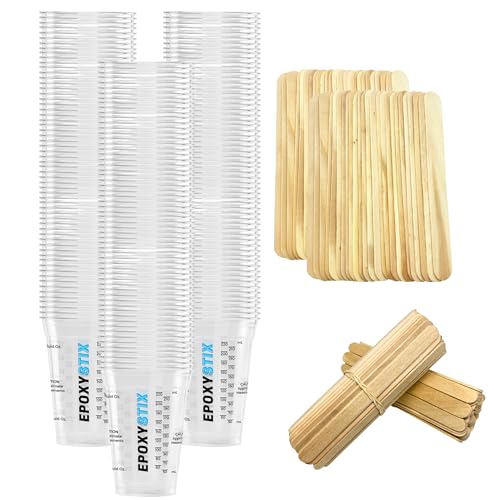 [100 Pack] 10oz Graduated Mixing Cups with 100 Mixing Sticks – 50 Flat Stir Sticks & 50 Paddle Stirrers – Clear Plastic Cups with oz/mL Markings – for Epoxy, Resin, Paint, and Crafts - size: 100 Count