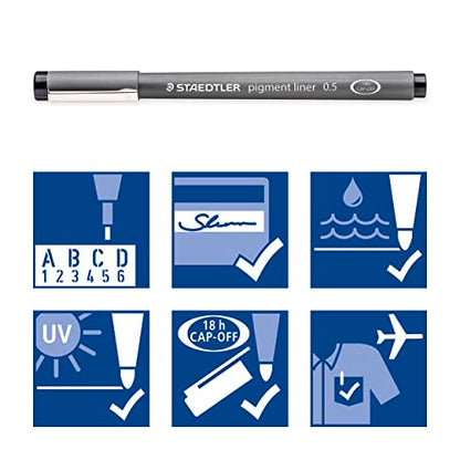 STAEDTLER Pigment Liner Fineliner Pens, Black, 6 Pack Assorted Tip Sizes (0.05mm - 0.8mm): Waterproof Drawing & Writing Pens for Note Taking, Journaling, Sketching, Manga & Back to School Supplies