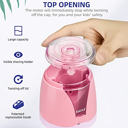Eagle Electric Pencil Sharpener, Battery Powered, Large Shaving Holders, Carbon Steel Blades, Portable, Reusable and Replaceable Blade, Suitable for Kids, Home, School and Office use (Pink) - color: Pink