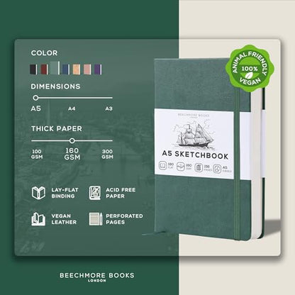 BEECHMORE BOOKS A5 5.8x8.3 Mixed Media Sketchbook 160 GSM/98LB, Gift Box - color: Dartmouth Green, size: A5 - 5.8" x 8.3" Medium