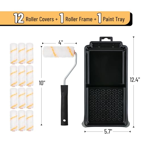 Bates- 4 Inch Paint Roller Kit, 14 pcs, Small Paint Roller Kit, 1x Plastic Paint Tray, 1x Roller Frame & 12x Microfiber Covers - size: 14 pcs