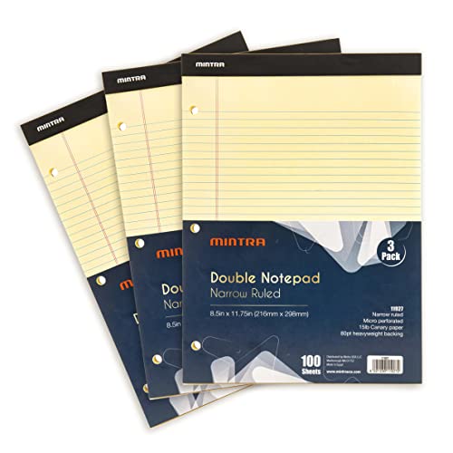 Mintra Office Canary Legal Pads - With Micro-perforated sheets, Smooth-lined paper, Ideal for Office Tasks, Assignments or Notes, Meetings, and Journaling, 3 pack Narrow Ruled, Double Pad, 8.5"x11" - color: Canary - Double Pad, size: Narrow