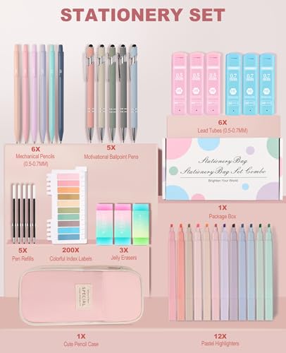 39PCS Aesthetic School Supplies with Cute Pencil Case, 5X Ballpoint Pens with Stylus Tip, 12X Pastel Highlighters, 6X Mechanical Pencil Set 0.5&0.7mm, Suit for Preppy School College Essentials (pink) - color: Pink