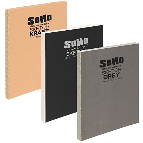 SoHo Urban Artist Open Bound Sketch Pads - Open Coptic Bound Sketch Pads for Drawing, Calligraphy, Any Dry Media, & More! - [Grey, White, & Kraft - 11x14-3 Pack] - color: Grey, White, & Kraft, size: 11x14"