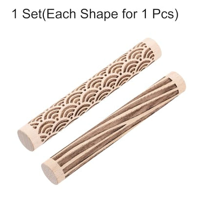 HARFINGTON 2pcs Wood Clay Roller 4"Water Wave Wood Grain Texture Pattern Rolling Pins Pottery Tools Rollers for Clay Baking Dough Playdough DIY - style: Water Wave + Wood Grain
