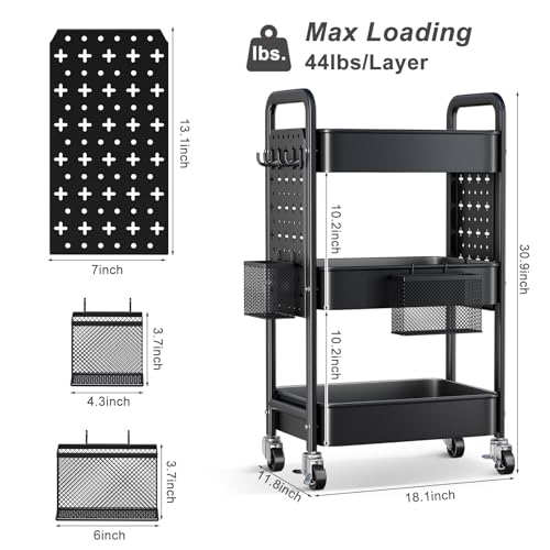3 Tier Black Rolling Storage Cart Metal with DIY Pegboard and Wheels | Three Tiered Art Supply Organizer Cart, Utility Hobby Carts for Craft, Snack, Diaper Caddy, Nail, Baby Essentials, Snack - color: Black