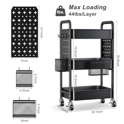 3 Tier Black Rolling Storage Cart Metal with DIY Pegboard and Wheels | Three Tiered Art Supply Organizer Cart, Utility Hobby Carts for Craft, Snack, Diaper Caddy, Nail, Baby Essentials, Snack - color: Black