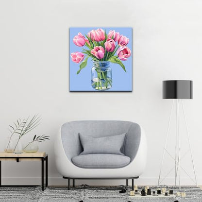 Natuyalo Paint by Numbers Kit for Adults Beginners, 12" Wx12 L Painting by Numbers Kit on Canvas Acrylic Drawing Kits Ready to Stretch and Framed, Pink Flowers - color: Color-02
