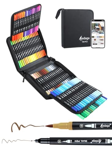 100 Colors Dual Brush Markers, Fine and Brush Tips Numbered Pens with App for Adults, Coloring Book Bullet Journaling Note Taking Planner Hand Lettering Calligraphy Drawing Art Supplies Kit - color: 100 color