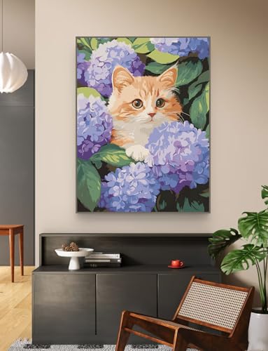 ZRIZQ Cat Paint by Numbers Kit for Adults Beginner,Hydrangeas Flowers,16x20 | Full set with wooden brushes,rolled canvas,rich paints.Calming activity.Beginner friendly.Just open and paint. - color: 16"X20"Rolled Canvas(Frameless)-Cat 10