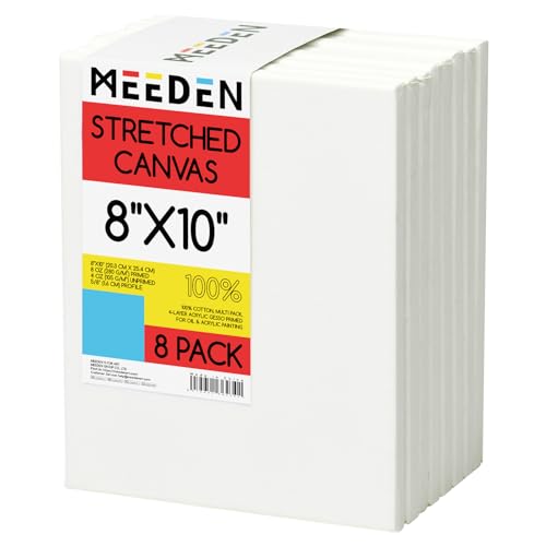 MEEDEN Stretched Canvas, 8 × 10 Inch, Pack of 8, Blank White Canvases for Painting, 100% Cotton, 9 oz Gesso-Primed, Pre-Stretched Canvas for Acrylic Oil Pouring & Airbrushing Painting - size: 8''x10''- 8 Pack