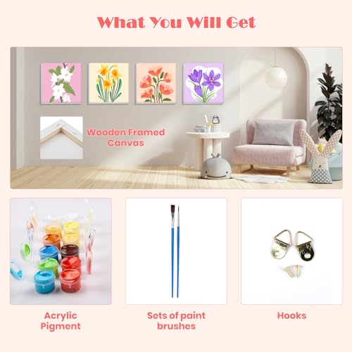 MISCER 4 Pack Paint by Numbers for Adults Beginner, Flowers Paint by Number Kits for Kids, DIY Acrylic Oil Painting Suitable for Home Decoration (8x8inch) - color: MK027