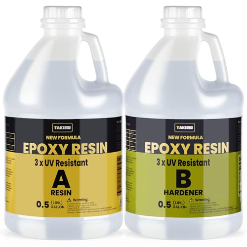 TAKIMO 1 Gal 3X UV Resistant Crystal Clear Epoxy Resin Kit, 1:1 High Gloss | Non-Yellowing Formula, Bubble-Free, Self-Leveling, Art, Crafts, Jewelry, Casting, Coating and Tabletop Projects - size: 1 Gallon