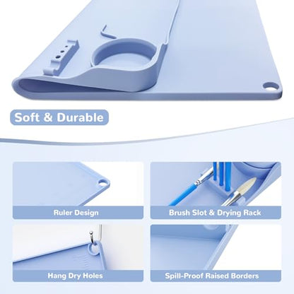 Silicone Art Mat for Kids Silicone Painting Mat Silicone Painting Station with Detachable Cup,Palette with Lid &360°Phone Holder Craft Mat for Kid Paint Mat with Bulit-in Brush Rest&Ruler 20"X16" Blue