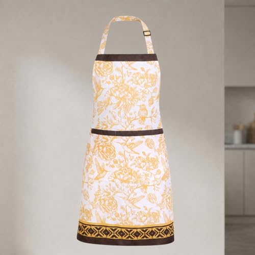FINGERCRAFT Apron, Dual Pocket, Adjustable Tie, Multipurpose Washable Bib Apron for Home, Kitchen, Chef and Professionals - color: Bloom Gold Ochre