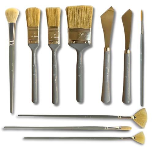 10 Piece Landscape Brush Set, for Wet on Wet Painting: 2 Inch, 1 Inch, 1 Inch Oval, 4 & 6 Fan, Filbert, 2 Palette Knives, Liner, Mop Blender - Adam Lashley