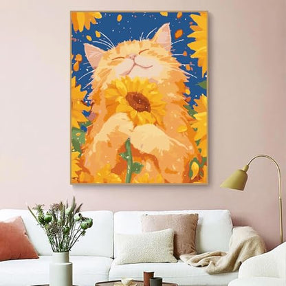 ZRIZQ Paint by Numbers Kit for Adults Beginner Animal,Cat Sunflowers,16x20 | Full set with wooden brushes,rolled canvas,rich paints.Calming activity.Beginner friendly.Just open and paint. - color: 16"X20"Rolled Canvas(Frameless)-Cat 12
