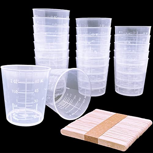 30 Pcs Plastic Graduated Cups, 60ml/2oz Clear Scale Cups | Transparent Experiment Measuring Cup with 50 Pcs Wooden Stirring Sticks for Epoxy, Resin, Stain, Mixing Paint - size: 60 milliliters