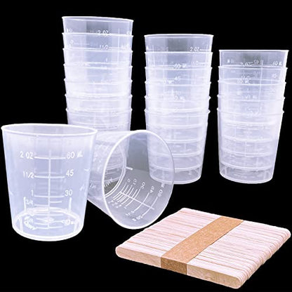 30 Pcs Plastic Graduated Cups, 60ml/2oz Clear Scale Cups | Transparent Experiment Measuring Cup with 50 Pcs Wooden Stirring Sticks for Epoxy, Resin, Stain, Mixing Paint - size: 60 milliliters