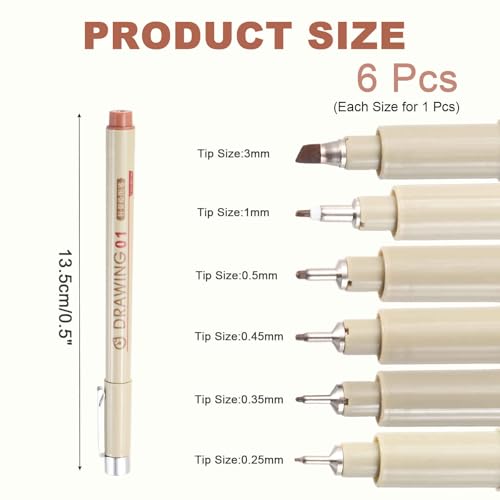 MECCANIXITY Fineliner Ink Pens, 6Pcs 0.25/0.35/0.45/0.5/1.0/3.0mm Brown Micro Pens with Waterproof Archival Ink for Watercolor Sketching Cartoon Technical Drawing - style: 01# 03# 05# 08# 1# 3#