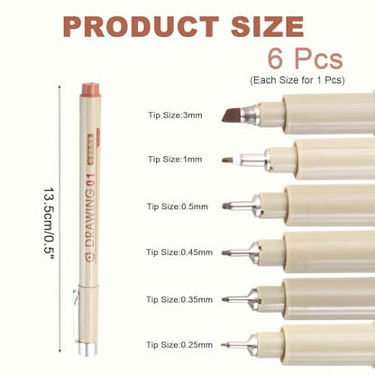 MECCANIXITY Fineliner Ink Pens, 6Pcs 0.25/0.35/0.45/0.5/1.0/3.0mm Brown Micro Pens with Waterproof Archival Ink for Watercolor Sketching Cartoon Technical Drawing - style: 01# 03# 05# 08# 1# 3#