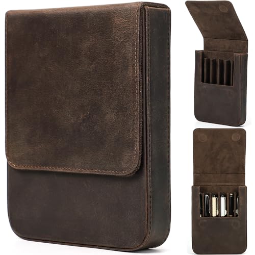 Top Grain Genuine Leather 6 Pen/Pencil Tray Case Organizer, Minimalist Vintage Design, Handmade, Magnetic Closure with Drawer Design, Gift Choice for Man/Woman/Office, Matte Coffee, 6 Slots - color: Matte Coffee, size: 6 Slots -【Magnetic Closure】