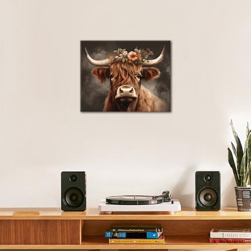 TUMOVO Highland Cow Paint by Numbers for Adults Beginner | Unframed easy to follow farm animal DIY arts craft 16"x20" highland cattle with the flower oil painting kits on canvas