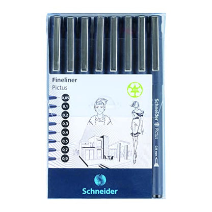 Schneider Pictus Fineliner, Wallet, x8, Assorted Sizes, Black Ink (197598)