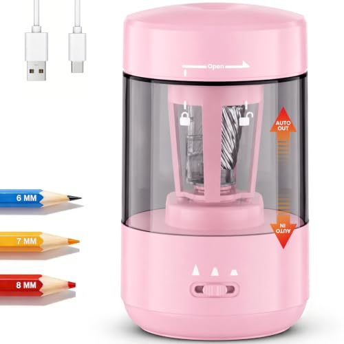 Electric Pencil Sharpener for Classroom, Fully Automatic, Light Pink | Type-C Rechargeable, Auto In/Out, 2000mAh Built-in Battery, Fast Sharpen, For 6-8mm No.2&Colored Pencils, Home, School Office - color: Lightpink