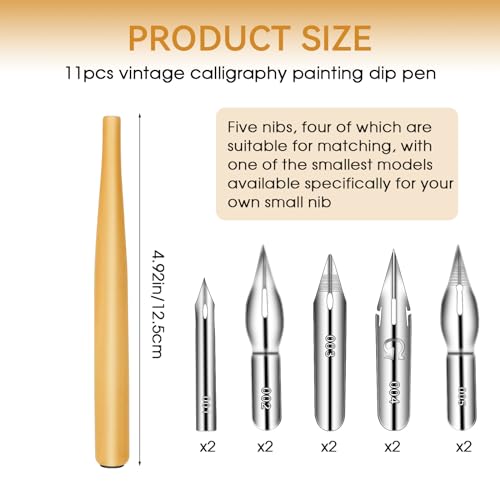 11PCS Comic Pen Nib Set, Oblique Calligraphy Dip Pen Set Fluid Writer Pen, Wooden Drawing Pen Holder with 10 Pieces Stainless Steel Pen Replacement Nibs Nib for Writing, Painting, Signing, Sketch - color: Wood