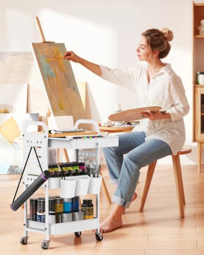 ALVOROG 3 Tier Metal Rolling Cart with Drawer,Wood Top,Pegboards,White | Storage Utility Cart with Drawers,Pegboards,Lockable Wheels,Baskets,Hooks for Kitchen,Office,Bedroom,DIY Supplies - color: White