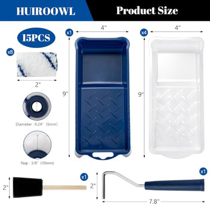 2 Inch Small Paint Roller Kit, 3/8” Nap, 15 Pack | Microfiber Paint Roller Covers, Paint Tray with Liner, Foam Brush, for small spaces, Windows, Cabinets, Walls and touch-ups