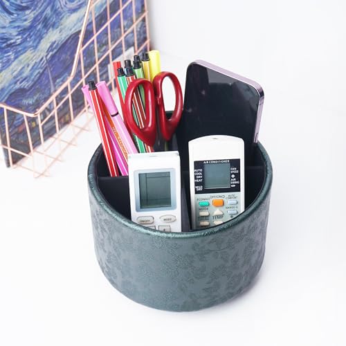 Round Leather Art Supply Organizer,Remote Control Holder,360 Degree Spinning,Multi-Functional Pencil Holder,4 Compartments Desktop Stationary Organizer(1-Liuli Green) - color: 1-Liuli Green