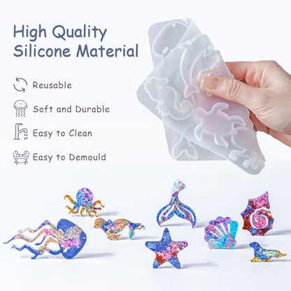 YODOYO Resin Earring Molds 3pcs Ocean Marine Life Jewelry Resin Molds | Jellyfish Shell Starfish Earrings Keychain Silicone Molds for Epoxy UV Resin Necklaces Pendant Jewelry Making Mold