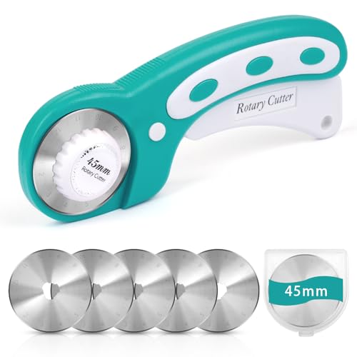 45mm Rotary Cutter for Fabric with 5 Extra Blades, Roller, with Safety Lock | Teal, Ergonomic, Cuts Through Multiple Layers, for Left and Right Handed, Professional Sewing & Quilting Tools Supplies - color: Teal