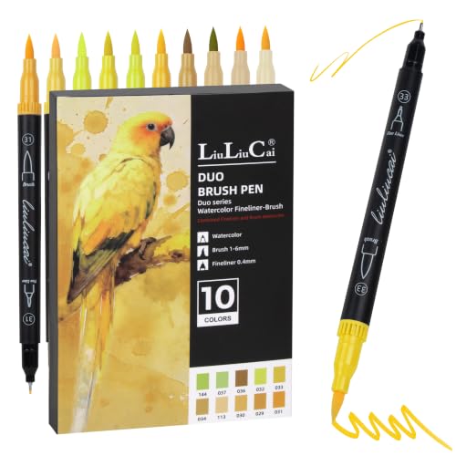 LIULIUCAI 10 Yellow Dual Markers, Fine & Brush Tip Pen for Adult Coloring - color: 10 Yellow