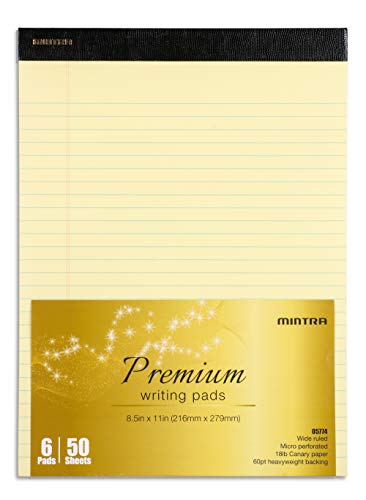 Mintra Office Canary Legal Pads - Premium Quality Heavyweight Paper With Micro-perforated sheets, Smooth-lined paper, Ideal for Office Tasks, Assignments or Notes, Meetings, and Journaling, 6 pack WIDE RULED, Yellow Paper, Premium Writing Pad, 8.5"x11" -