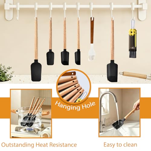 7 Piece Silicone Spatula Set, Food Grade Rubber Spatula Set with Wooden Handle, Heat Resistant Up to 600°F, Silicone Utensils Set for Baking, Cooking & Mixing, Jar, Non-Stick Kitchen Utensils(Black) - color: Black