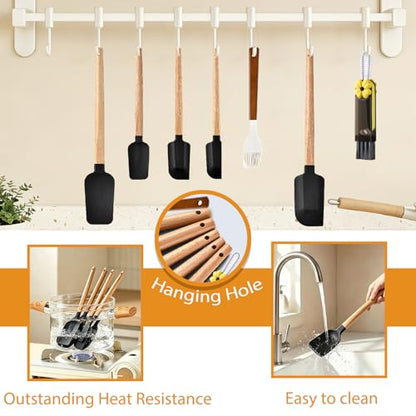 7 Piece Silicone Spatula Set, Food Grade Rubber Spatula Set with Wooden Handle, Heat Resistant Up to 600°F, Silicone Utensils Set for Baking, Cooking & Mixing, Jar, Non-Stick Kitchen Utensils(Black) - color: Black