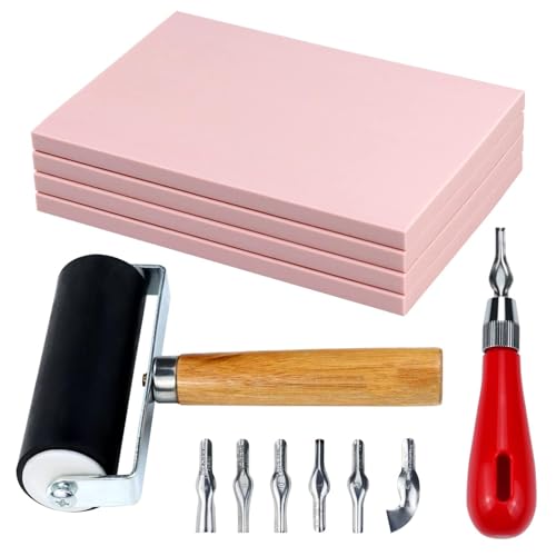 6 Pack Linocut Kit for Printmaking - Stamp Making Kit, 4Pcs 4"x6" Rubber Linoleum Blocks with Brayer Roller & 6 Type Blades Carving Tools | Beginner & Artist Block Printing Craft Supplies - size: 4"x6"