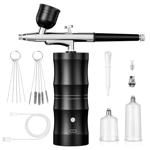 Airbrush Kit with Compressor Portable Airbrush Kit 48PSI High-Pressure Non-Clogging Air Brush Set Cordless Rechargeable with 0.3mm Nozzle and Cleaning Brush for Painting,Nail Art, Makeup (Black) - color: Black