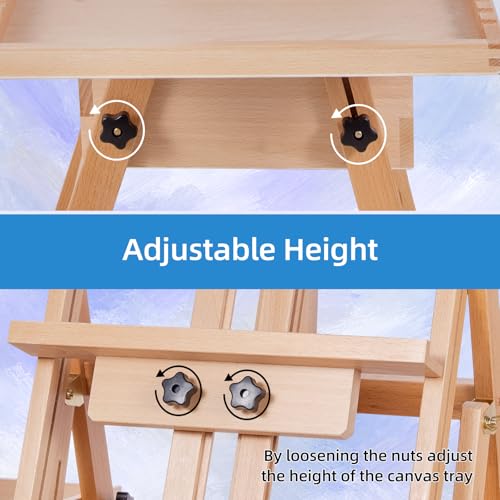 Large Horizontal Wooden Painting Easel, Holds up to 50'' | H-Frame Studio Easel Stand with Storage Drawer and Palettes, Suitable for Adults, Beginners, and Artists - style: Natural