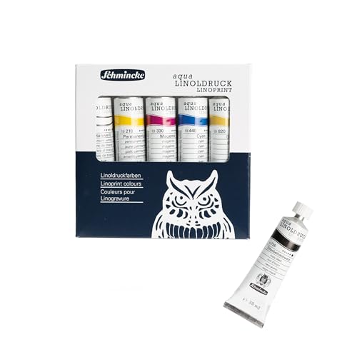 Schmincke - aqua-LINOLDRUCK, lino printing set, complete set with 5 x 20 ml tubes, 1 x 35 ml tube lino printing ink, 82 716 097, incl. cutting tool, roller, lino printing plates