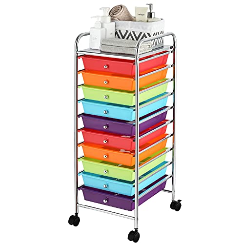 RELAX4LIFE 10 Drawer Rolling Cart, Slim Storage Cart w/Lockable Wheels for Classroom School Teacher Office, Art Supplies Paper Scrapbook Craft Organizers, Utility Cart with Drawers (Multicolor) - color: Multicolor, size: 34''H